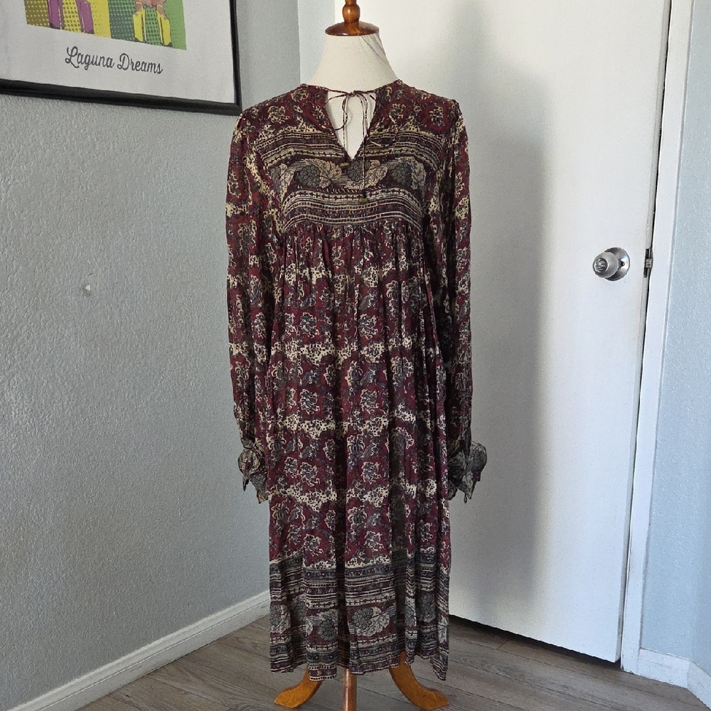M Vintage Silk Phool Burgundy Long Sleeve Maxi Dress Boho